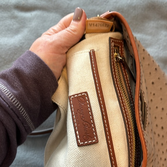 Dooney & Bourke bucket purse. Color~tan & camel ostrich leather. Pics for size. - Picture 11 of 16